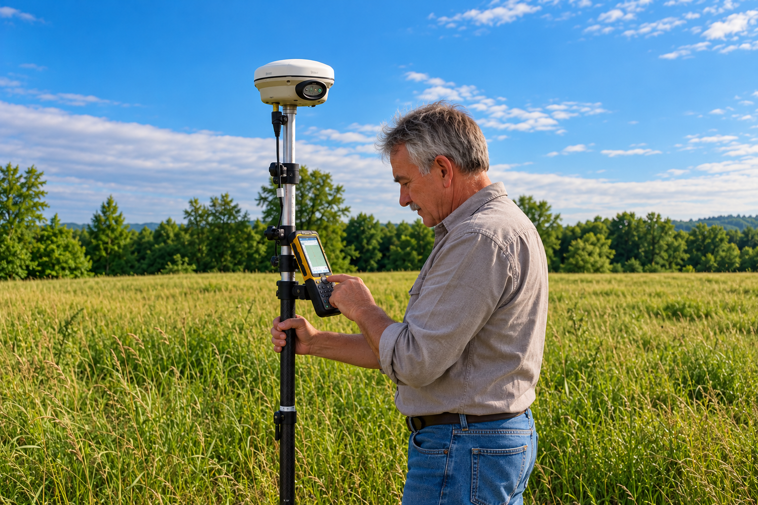 Geometre effectuant un releve topographique dans un champ avec un recepteur GNSS